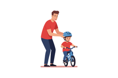 Father teaching son to ride bicycle with safety helmet in br Product Image 1
