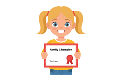 Smiling girl holding family champion award certificate vecto Product Image 1