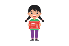 Girl holding family champion sign smiling cheerful cartoon c Product Image 1