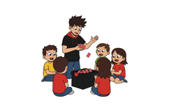 Group of children watching boy perform card magic trick indo Product Image 1