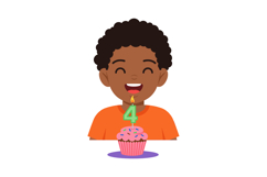Happy boy celebrating fourth birthday with cupcake and candl Product Image 1