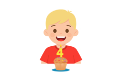 Young Boy Celebrating Fourth Birthday with Cupcake and Candl Product Image 1