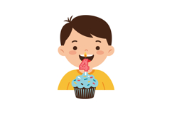 Boy celebrating fourth birthday with cupcake and candle in y Product Image 1