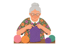Elderly woman knitting purple fabric with colorful yarn ball Product Image 1