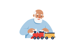 Elderly man playing with red and yellow toy train in casual Product Image 1