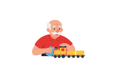 Elderly man cleaning yellow toy train with cloth vector illu Product Image 1