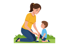 Mother applying bandage on son knee outdoor family care mome Product Image 1