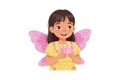 Little girl with pink fairy wings holding glittery crown in Product Image 1