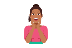 Excited woman with open mouth and hands on cheeks in pink sh Product Image 1