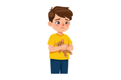 Sad little boy holding teddy bear in yellow shirt and blue j Product Image 1