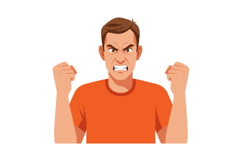 Angry man with clenched fists in orange shirt expressing fru Product Image 1