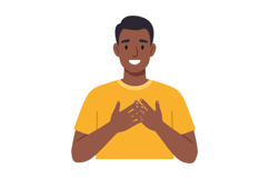 Man with hands on chest in yellow shirt expressing gratitude Product Image 1
