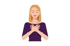 Woman with hands crossed on chest expressing calm and gratit Product Image 1