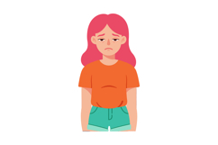 Sad girl with pink hair wearing orange shirt and teal shorts Product Image 1