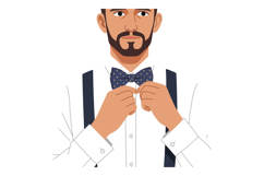 Man adjusting blue bow tie with white shirt and black suspen Product Image 1