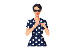 Woman in navy blue polka dot dress wearing sunglasses and ho Product Image 1