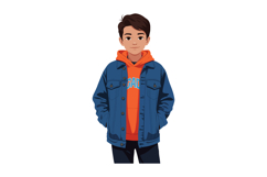 Young boy in blue denim jacket and orange hoodie casual stan Product Image 1