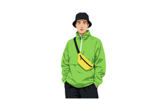 Young man wearing bucket hat and green jacket with yellow wa Product Image 1