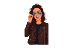 Woman with sunglasses and leather jacket smiling in portrait Product Image 1