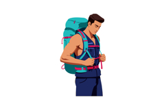 Young man with large backpack preparing for hiking adventure Product Image 1