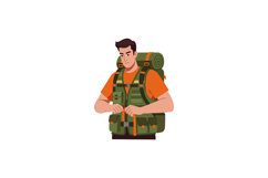 Male hiker adjusting hiking backpack with rolled sleeping ma Product Image 1