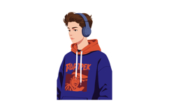 Young man wearing blue hoodie with graphic and headphones di Product Image 1