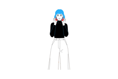 Woman with blue hair in black turtleneck and white pants min Product Image 1