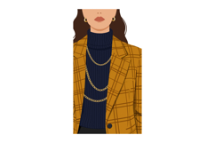 Woman Wearing Navy Turtleneck and Brown Plaid Jacket Fashion Product Image 1