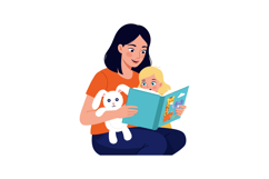 Mother reading children book with white bunny plush toy and Product Image 1