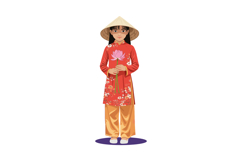 Vietnamese girl in traditional ao dai dress holding pink lot Product Image 1