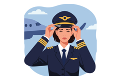 Female airline pilot adjusting captain hat with airplane in Product Image 1