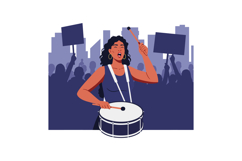Woman playing drum at protest rally with crowd holding signs Product Image 1
