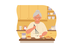 Elderly Woman Cooking Pancakes in Warm Yellow Kitchen Interi Product Image 1