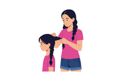 Woman Braiding Daughter Hair in Pink T-Shirts and Blue Short Product Image 1