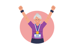 Senior Woman Marathon Winner Celebrating Victory with Medal Product Image 1