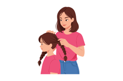 Woman braiding girls hair with pink shirts in casual lifesty Product Image 1