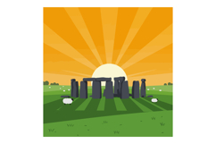 Stone Circle Sunrise Landscape with Sheep on Green Field Vec Product Image 1