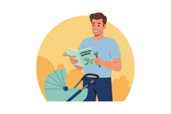 Man Reading Stroller Manual and Assembling Baby Stroller in Product Image 1