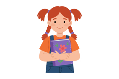 Girl holding purple flower notebook with orange shirt and pi Product Image 1