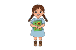 Little girl holding sunflower books in blue dress smiling ch Product Image 1
