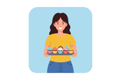 Woman holding colorful cupcakes tray smiling cheerful bakery Product Image 1