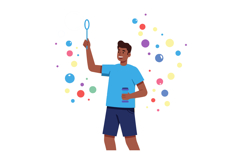 Boy blowing colorful bubbles in blue shirt and shorts vector Product Image 1