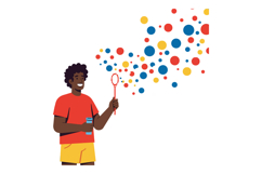 Man in red shirt blowing colorful bubbles with yellow shorts Product Image 1