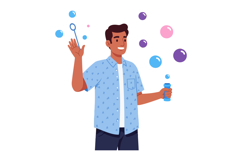 Young man blowing colorful bubbles in casual outfit enjoying Product Image 1