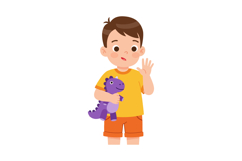 Boy holding purple dinosaur toy waving hand in casual summer Product Image 1
