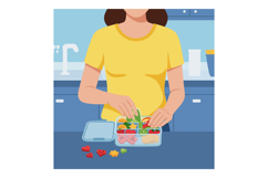 Pregnant woman preparing healthy food in kitchen with colorf Product Image 1