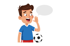 Boy in blue shirt holding soccer ball speaking with speech b Product Image 1