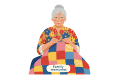 Elderly woman knitting colorful patchwork quilt creating fam Product Image 1