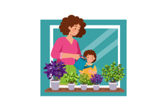 Mother and child watering potted plants by window in home ga Product Image 1