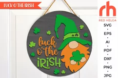 luck o the irish svg, gnome hanger svg, outdoor sign svg, welcome sign svg, st patrick's circle svg, gnome clover svg, seasonal door svg, round hanging sign svg, laser cut file, layered sign svg, porch sign svg, front sign svg, st patrick's shirt svg